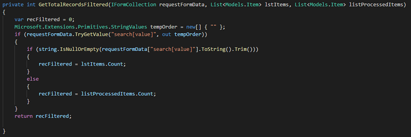 VS Code - GetTotalRecordsFiltered method