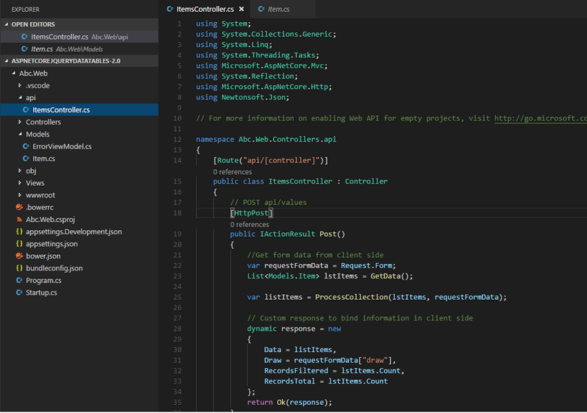 VS Code - ItemsController